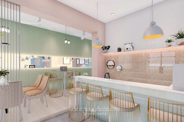 Cafe dengan kombinasi warna pastel yang lembut
